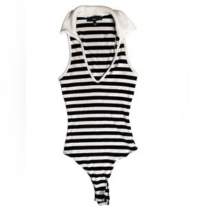 Lulus Black White Striped Ribbed Bodysuit V Neck Collared
Size Small